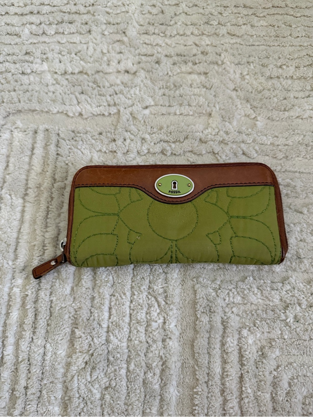 Fossil Key-Per Green Brown Zip Around Wallet Floral Embroidered Organizer